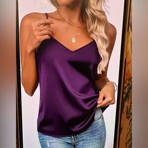 Women Silk Satin Tank Top V Neck Adjustable Spaghetti Strap Sleeveless Blouse
